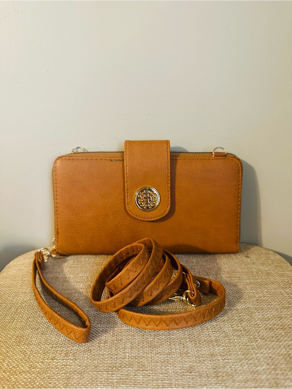 Caramel Faux Leather Convertible Wallet Crossbody Wrislet with Gold Logo